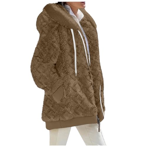 Briskorry Teddyjacke Mädchen, Winterjacke Damen Braun, Fleecejacken Kapuze Warm Übergangsjacke Reißverschluss Teddy Sherpa-Jacke Plüsch Komfort Hoodie Lockere Oversized Coat Solide Basic von Briskorry