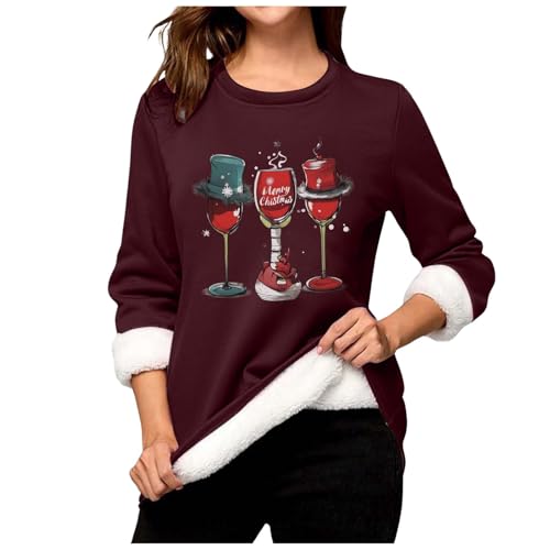 Briskorry Thermo Pullover Damen, Sweatshirt Damen Schwarz, Weihnachtspullis Ugly Lustig Fleecepullover Thermo Gepolstertes Longpullover Dickes Teddyfutter Longshirt Comfy Loose Pullis Weihnachtsmotiv von Briskorry