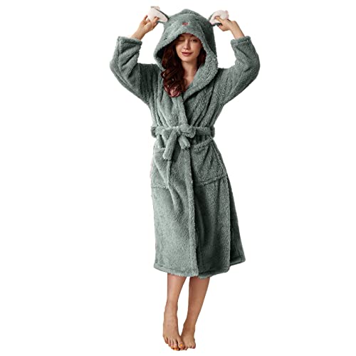 Briskorry Weihnachten Damen 3D Ohr Mit Kapuze Flanell Bademantel Weich Und Warm Double Faced Samt Bademantel Pyjamas Und Home Wear Mit Kapuze Robe mit Taschen von Briskorry