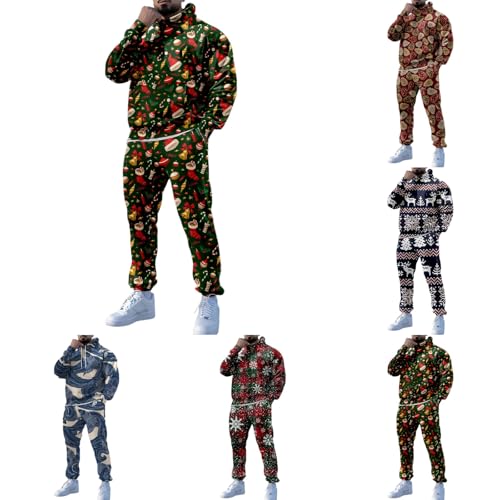 Briskorry Weihnachtsanzug Herren Langarm Hoodie und Jogginghose Set Casual 3D Drucke Kapuzenpullover Weihnachts 2-teiliges mit Tasche Tracksuit Sportswear Weihnachts Druck Sportanzug Mit Kapuze von Briskorry