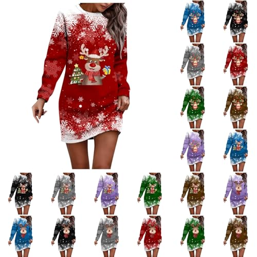 Briskorry Weihnachtskleid Damen, Weihnachts-Sweatshirt-Kleid Langarm Pullover Winter Rundhals Minikleid Rentier Druck Weihnachten Kleider Elegant Langes Weihnachts Pulli Oberteile von Briskorry