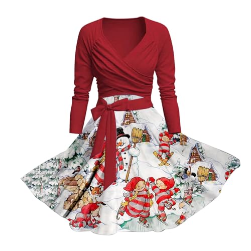 Briskorry Weihnachtskleider Damen, Christmas Party Kleid Lange Ärmel Elegant Cocktailkleid Rockabilly 1950er Abendkleid A Linie Swing Weihnachten Kleid Ugly Weihnachten Gedruckt Maxikleider Women von Briskorry