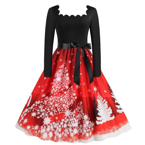 Briskorry Weihnachtskleider für Mädchen, Xmas Party Kleid Langärmeliges Elegant Cocktailkleid Vintage Rockabilly Abendkleider A-Linie Swing Christmas Dress Ugly Weihnachtsmotiv Festival Kleid 2024 von Briskorry