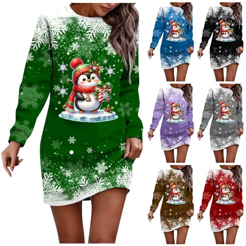 Briskorry Weihnachtskostüm Damen Christmas Dress Weihnachtsdrucke Langarm Partykleid Faschingskostüme Klassisch Kleid Weihnachten Sweatkleid Winter Warm Weihnachtsdruck Pullover von Briskorry