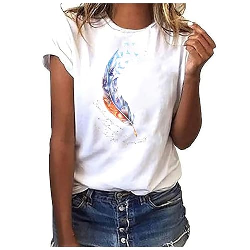 Briskorry Weißes T-Shirt Damen Locker, Damenoberteile Modern Sommer, T Shirt Rundhals Kurzarm Sommershirts Basic Gedruckt Tee Tops Lässiges Lose Bluse Leicht Luftige Sporttop Vielseitig Strandurlaub von Briskorry