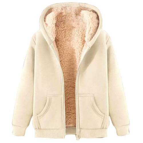 Briskorry Winterjacke Damen Warm Fleecejacke Winter Elegant Einfarbig Sweatjacke Übergangsjacke mit Kapuze Große Größen Wintermantel mit ReißVerschluss Plüschjacke mit Taschen Lässige Kapuzenpullover von Briskorry