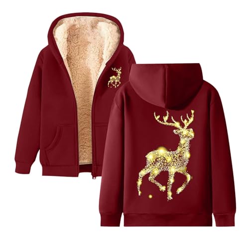 Briskorry Winterjacke Damen Warm, Christmas Winterjacke Elegant mit Taschen Fleecejacke mit Kapuze Einfarbig Kapuzenpullover Kapuzenpullover Große Größen Fleece Jacke mit Reißverschluss Wollmantel von Briskorry