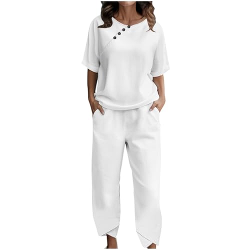 Briskorry Zweiteiler Damen Elegant, Kurzarm Tshirt und Lang Hose, Hose Anzug Lässiger Knöpfen Lounge Set Rundhalsausschnitt Kurzen Ärmeln Tracksuit Luftige Bequemer Sport Set Y2K Solid Running von Briskorry