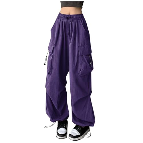 Cargo Hosen Damen Baggy, Track Pants Baggy, Sweatpants Gummibund Multi Taschen Trekkinghose mit Tunnelzug E-Girl Fallschirmhose Lässig Baggy Sommerhose Bequeme Atmungsaktive Streetwear Fitness von Briskorry