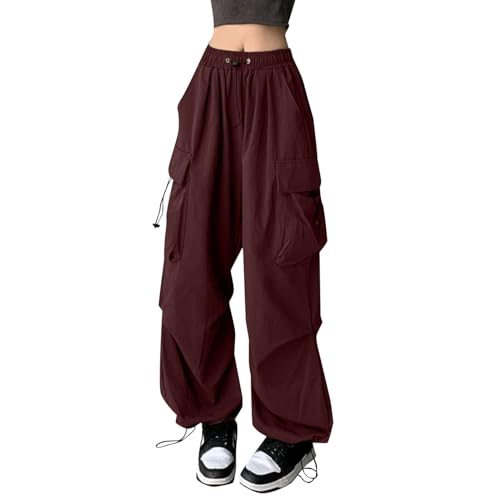 Cargo Hosen Damen Baggy, Track Pants Damen Baggy, Laufhose Multi Taschen Gummibund Wanderhose mit Gummizug Hip Hop Fallschirmhosen Lässig Lockere Freizeithose Atmungsaktiv Bequeme Workwear Jogging von Briskorry