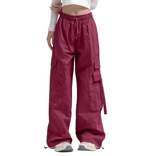 Cargo Hosen Damen Lang, Track Pants Y2K, Sweathose Multi Taschen Elastische Trekkinghose mit Tunnelzug Hip Hop Fallschirmhose Casual Locker Freizeithose Atmungsaktive Weich Streetwear Running von Briskorry