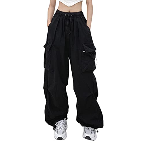 Cargo Hosen Damen Schwarz, Track Pants Damen Y2K, Trainingshose Elastisch Multi Taschen Arbeitshose E-Girl mit Gummizug Fallschirmhose Loose Beiläufig Sommerhosen Weich Luftige Workwear Jogging von Briskorry