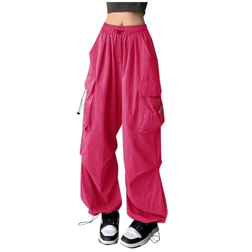 Cargo Hosen Damen Sommer, Track Pants Baggy, Laufhosen Multi Taschen Elastische Trekkinghose mit Kordelzug Harajuku Fallschirmhosen Locker Lässig Sommerhosen Kuschelig Luftig Outdoorhose Reisen von Briskorry