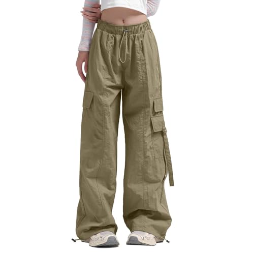 Cargo Hosen Damen Sommer, Track Pants Damen Baggy, Sporthose Multi Taschen Elastische Taille Trekkinghose Y2K mit Tunnelzug Parachute Pants Lässige Baggy Freizeithosen Leichte Luftig Workwear Fitness von Briskorry