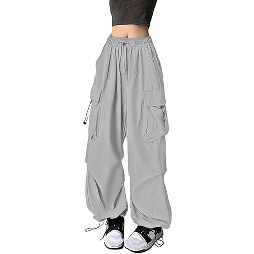 Cargo Hosen Damen Sommer, Track Pants Y2K, Sporthose Multi Taschen Elastisch Trekkinghose E-Girl mit Kordelzug Fallschirmhose Locker Lässiger Freizeithosen Atmungsaktiv Komfort Workwear Fitness von Briskorry