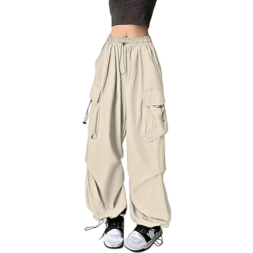 Cargohose Damen Schwarz, Track Pants Y2K, Sporthosen Multi Taschen Elastischer Bund Trekkinghose Harajuku mit Tunnelzug Fallschirmhose Locker Freizeit Freizeithosen Bequeme Luftig Streetwear Jogging von Briskorry