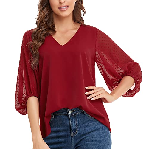 Damen Bluse Elegant Lose Hemd mit 3/4 Arm T-Shirts Tunika Chiffon Oberteile V-Ausschnitt Fledermausärmel Tops Rüsche Elegant Einfarbig Sommer Blusen von Briskorry