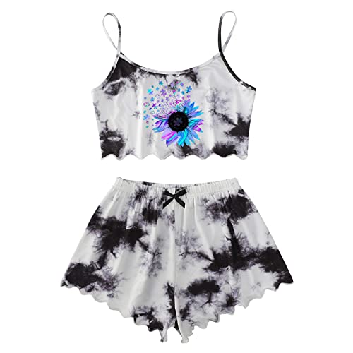 Damen Hauseanzug Zweiteiliger Shorts und Top Sets 2 Piece Teenager Mädchen Spaghettiträger Bauchfrei Tops Camisole Kurze Hose Schlafanzug Kombi 2-Teiler Home Set mit Cartoonmuster Damen Hauseanzug Zweiteiliger Shorts und Top Sets 2 Piece Teenager Mädchen Spaghettiträger Bauchfrei Tops Camisole Kurze Hose Schlafanzug Kombi 2-Teiler Home Set mit Cartoonmuster von Briskorry