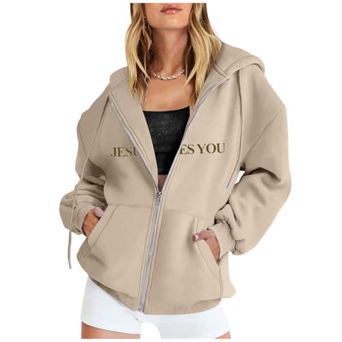 Damen Hoodie Beige, Kapuzenpullover Damen mit Reißverschluss, Hoody Langärmelig Kapuze Kapuzen-Sweatshirt Locker Freizeit Pullover Modern Druck Sweatjacke College Bequemer Loungewear Halloween von Briskorry