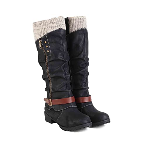 Damen Mid Calf Boots Combat Boots Round Toe Chunky Heel Side Zip Schneestiefel Dicke Buckle Outdoor Reitstiefel Fall Winter Bequeme Gestricktes Patchwork Plateau Schuhe von Briskorry