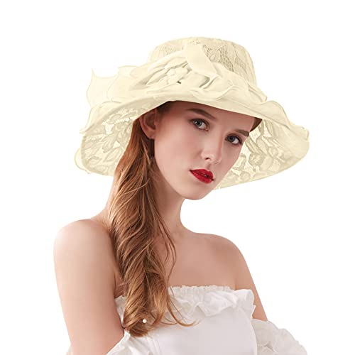 Damen Organza Hut Elegante Sommer Sonnenschutz Kappe Frauen Cap Temperament Retro Damenhut Mesh Melone Damenmütze mit abnehmbaren Blumen Rüschenhut faltbarer Hut für Reisen Urlaub Hochzeit Kirche von Briskorry