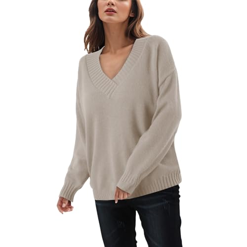 Damen Oversize Pullover, Strickpullover Damen, Strickpulli Langarm V-Ausschnitt Longpullover Strick Elegante Sweatshirt Warmes Dickere Thermoshirts Basic Einfarbiges Oberteil Casual Kuschelig von Briskorry