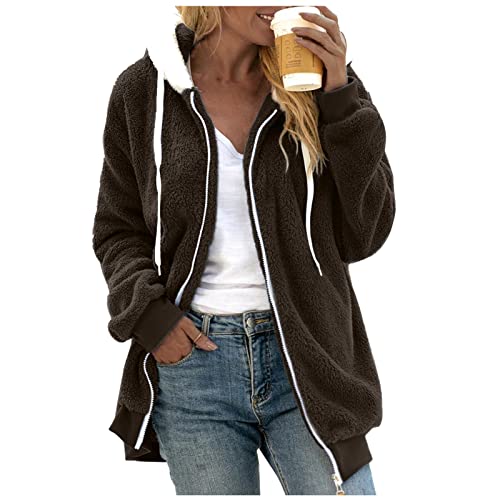 Damen Teddyjacke mit Kapuze, Plüschjacke Damen, Dicke Winterjacke Große Größen Teddy Mantel Flauschige Winter Warme Plüschmantel Fleecejacke Reißverschluss Übergangsjacke Wintermantel Kapuzenjacke von Briskorry