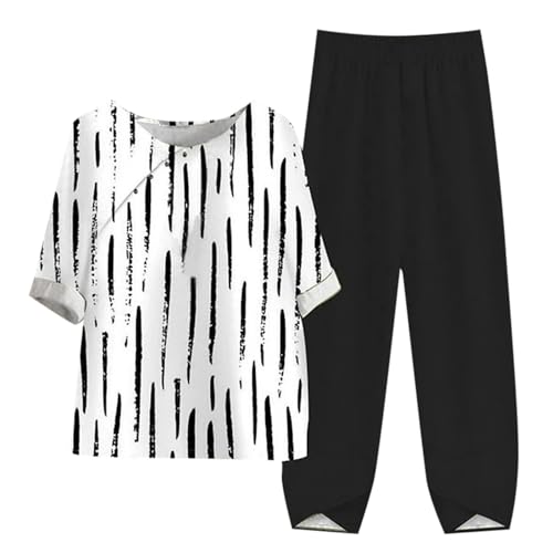 Damen Zweiteiler Sommer, Oberteil Shirt und Hosen, Hose Anzug Lounge Lockerer Hausanzug Halber Ärmel Rund Ausschnitt Sweatsuit Atmungsaktive Kuschelig Musselin Set Gedruckte Elegant Festlich von Briskorry