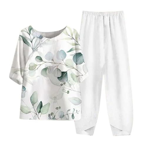 Damen Zweiteiler Sommer, Oberteil Shirt und Hosen, Hose Anzug Lounge Lockerer Hausanzug Halber Ärmel Rund Ausschnitt Sweatsuit Atmungsaktive Kuschelig Musselin Set Gedruckte Elegant Festlich von Briskorry