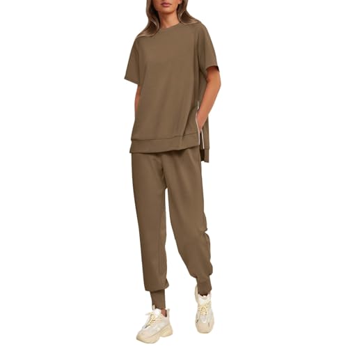 Damen Zweiteilige Outfits, Bluse Tshirt und Lange Hosen, Hosenanzüge Locker Lässiges Loungewear Rund Ausschnitt Zipper Tracksuit Luftig Komfort Musselin Set Einfarbiger Sexy Running von Briskorry