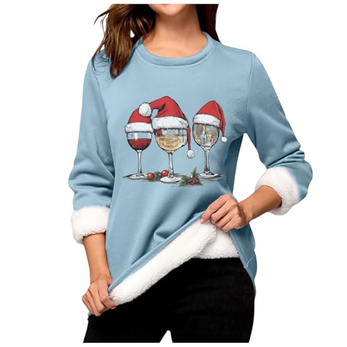 Fleece Pulli Damen, Damen Sweatshirt Ohne Kapuze, Weihnachten Pulli Ugly Lustig Fleecepullover Flauschiger Gefütterte Kuschelpullover Teddy Dicke Langarmshirt Weiches Locker Sweater Weihnachtsdruck von Briskorry