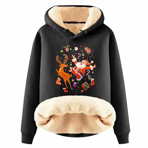 Gym Hoodie, Teddyfleece Pullover Damen, Weihnachts Pullover Flauschig Gefüttertes Kapuzenpulli Warmer Dickes Thermounterwäsche Teddy Kapuzen Winterpullover Weihnachtsmuster Sweatshirt Pulli Sherpa von Briskorry