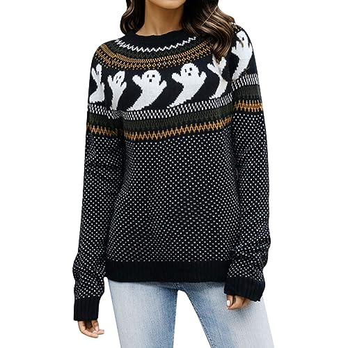 Halloween Pullover Damen, Strickpullover Damen, Strickwaren Longsleeve Rund Ausschnitt Jumpers Strick Elegant Sweatpullover Klobig Warme Thermoshirts Aufdruck Fashion Tops Lässiger Weiches von Briskorry