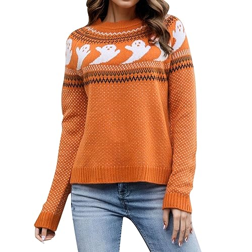 Halloween Pullover Damen, Strickpullover Damen, Strickwaren Longsleeve Rund Ausschnitt Jumpers Strick Elegant Sweatpullover Klobig Warme Thermoshirts Aufdruck Fashion Tops Lässiger Weiches von Briskorry