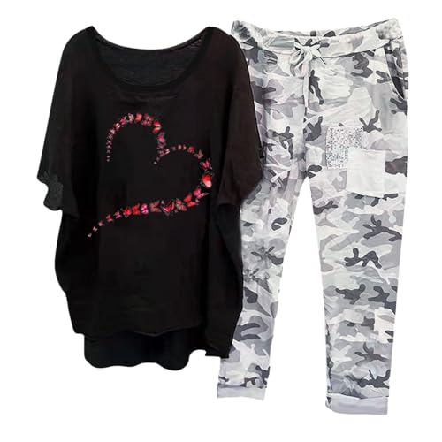 Hausanzug Damen Set, Kurzarm Tshirt und Lang Hose, Hosenanzüge Lose Beiläufig Freizeitanzug Rund Ausschnitt Kurzarm Sweatsuit Komfort Atmungsaktiv Sport Set Bedrucktes Elegante Festlich von Briskorry