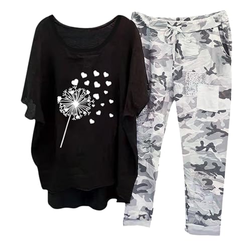 Hausanzug Damen Set, T-Shirt Top und Hose, Hosenanzüge Locker Beiläufig Lounge Set Kurzarm Rund Ausschnitt Jogginganzug Bequeme Atmungsaktive Sport Set Solid Elegantes Jogger von Briskorry