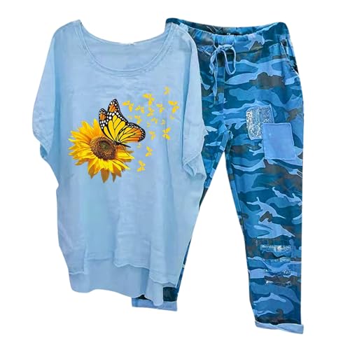 Hausanzug Damen Sommer, T-Shirt Top und Hose, Hosenanzug Locker Beiläufig Loungewear Rundhalsausschnitt Kurzärmeliger Trainingsanzug-Set Bequemer Luftig Streatwear Solid Y2K Running von Briskorry