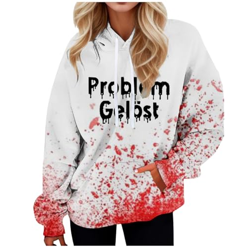 Hoodie Oversize Grau, Schwarzer Kapuzenpullover Damen, Hooded Kapuzen Problem Gelöst Print Kapuzenhoodie Locker Lässige Sweatshirt Halloween Blutiges Zip-Jacke Weich Fitness Mantel Teenager Mädchen von Briskorry