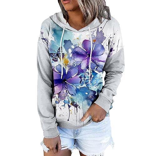 Hoodie Oversize Grau, Schwarzer Kapuzenpullover Damen, Hoodies Langen Ärmeln Kapuzen Kapuzensweat Lockerer Lounge Sweatshirt Drucken Fashion Zip-Jacke College Bequeme Oberteile Teenager Mädchen von Briskorry