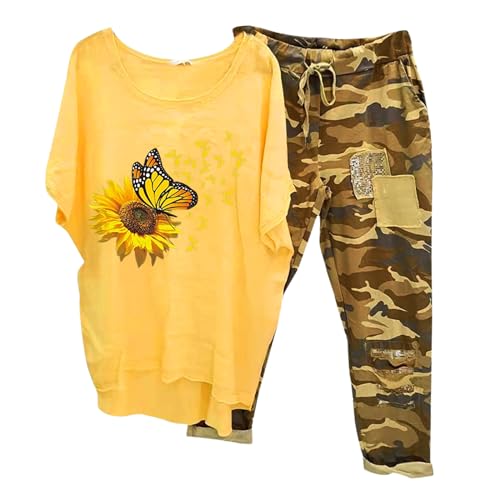 Hosenanzug Damen Sommer, Kurzarm Tshirt und Hose, Hosenanzug Baggy Beiläufig Loungewear Rundhalsausschnitt Kurzen Ärmeln Jogginganzug Komfort Luftig Musselin Set Elegante Einfarbig Jogger von Briskorry