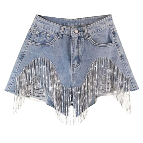 Jeansshorts Damen Risse High Taille Denim Shorts Strass Fransen Jeans Kette Jeans A-Linie weites Bein heiße Hose mit Taschenlässig solide Farbe hoch taillierte Hotpants Jeansshorts Damen Risse High Taille Denim Shorts Strass Fransen Jeans Kette Jeans A-Linie weites Bein heiße Hose mit Taschenlässig solide Farbe hoch taillierte Hotpants von Briskorry