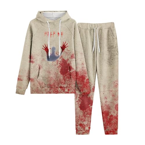 Jogginganzug Damen, Hoodie und Sweathose, Hoodie Anzug mit Blood Drucken Horror Sportanzug Kappe 2 Teilige Sweatsuit Set Lässig Loose Freizeitanzug 2024 Modische Activewear Jogger von Briskorry