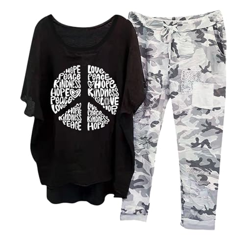 Jogginganzug Damen Lang, T-Shirt Top und Hose, Hose Anzug Beiläufig Lockerer Freizeitanzug Rund Ausschnitt Kurzarm Trainingsanzug-Set Leicht Luftige Activewear Bedrucktes Elegante Jogger von Briskorry