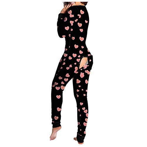 Jumpsuit Schlafanzug Damen Sexy Butt Button Back Flap Pyjama Onesie Einteiler Homewear -Overall mit Po-Klappe Herbst Winter Hausanzug mit Langen äRmeln Und Langen Nachtwäsche mit Geknöpfter Klappe von Briskorry