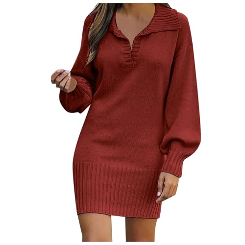 Kleid Damen Einfarbig V-Ausschnitt Strickkleid Langarm Pullover Kleid Eng Pulloverkleid Minikleid für Tanz Club Bar Party von Briskorry