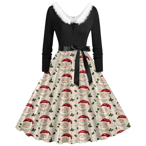 Kleid Weihnachten Mädchen, Christmas Party Kleid Sexy Lange Ärmel Cocktailkleider Rockabilly Vintage Abendkleider Swing A-Linie Weihnachts Kleider Ugly Weihnachtlich Bedruckt Vintage-Kleider Cocktail von Briskorry