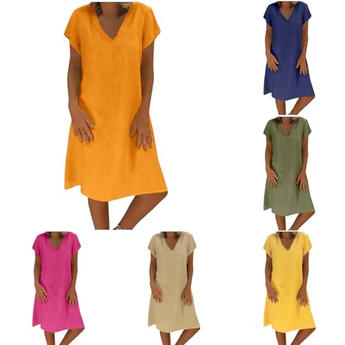 Kleider Damen Baumwolle Leinen Kleider Kurze Ärmel T-Shirt Kleid Elegant Leichte Strandkleid Lose V-Ausschnitt Sommerkleider Solide Farbe Knielang Kleider Vintage Sports Home Clothes Dress von Briskorry