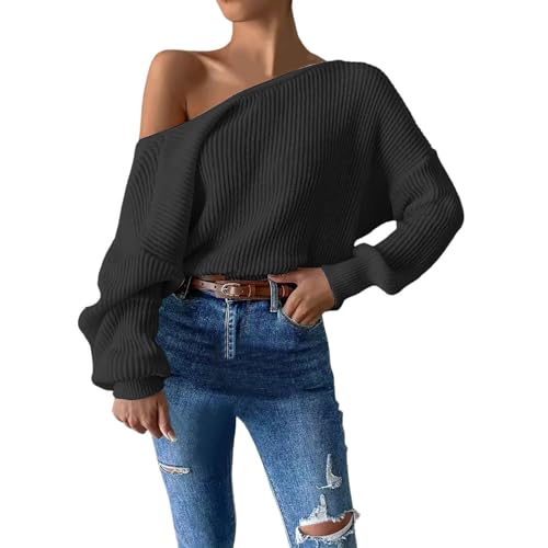 Off Shoulder Pullover, Grobstrickpullover Damen, Strickpulli Langärmelig Sexy Sweaters Elegant Gestrickte Pulloverjacke Dickere Warmes Thermoshirts Einfarbige Basic Blusentop Bequemer Lässiger von Briskorry