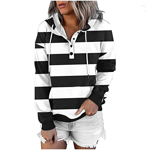 Oversize Hoodie Damen, Kapuzenpullover Damen Oversize, Hoody Knopfleiste Kappe Kapuzenoberteil Entspannt Beiläufig Sweatshirt Gestreift Fashion Strickjacke Weich Outdoor Top Herbst Winter von Briskorry