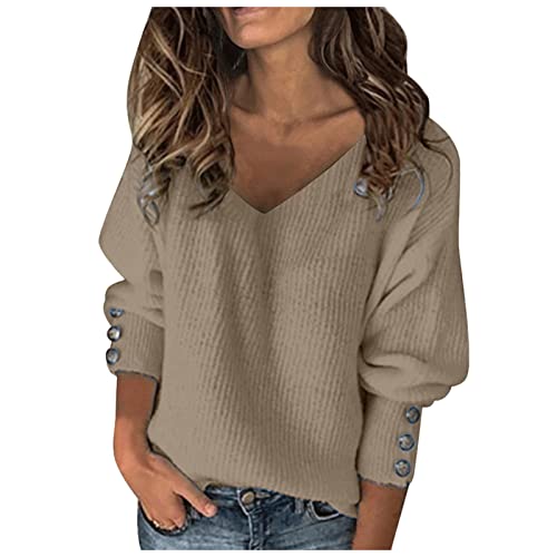 Pullover Baumwolle Damen, Feinstrickpullover Damen, Strickwaren Langärmeliger V Ausschnitt Pullis Kabelstrick Fleecepullover Dicker Warme Thermoshirts Solide Klassische Streetwear Weich Freizeit von Briskorry